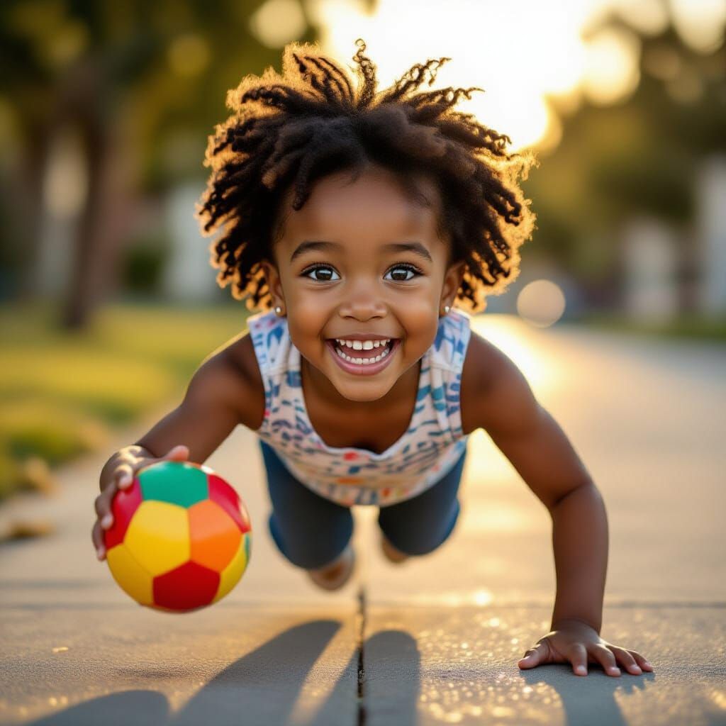 Joyful African-American Girl Jumps with Ball