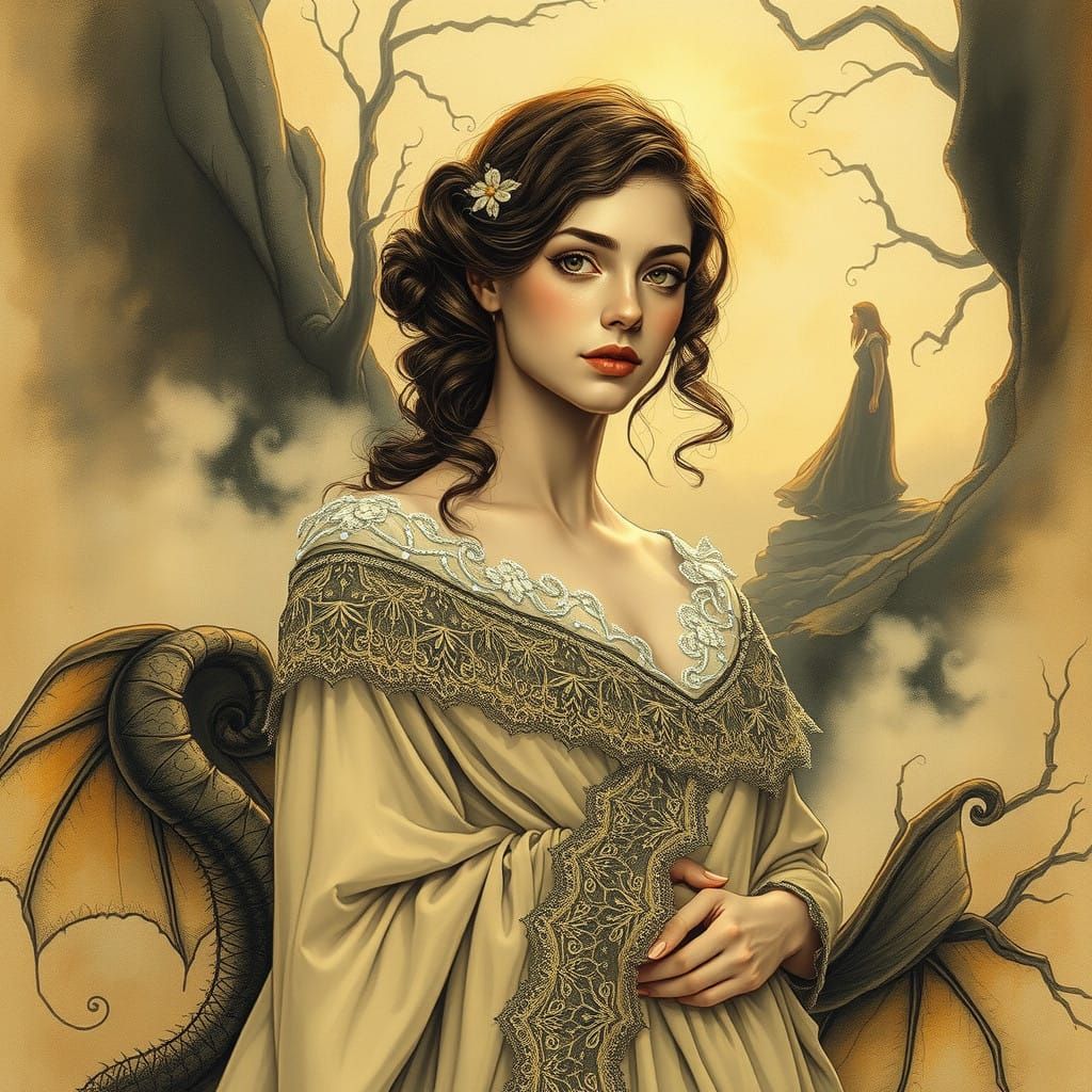 Ethereal Victorian Beauty in Charcoal Art Nouveau