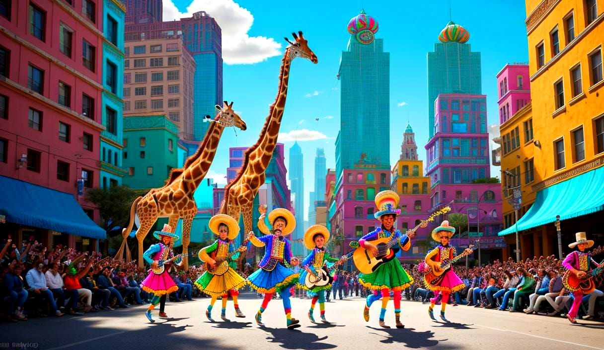 Mariachi Giraffes Perform in Vibrant City Style