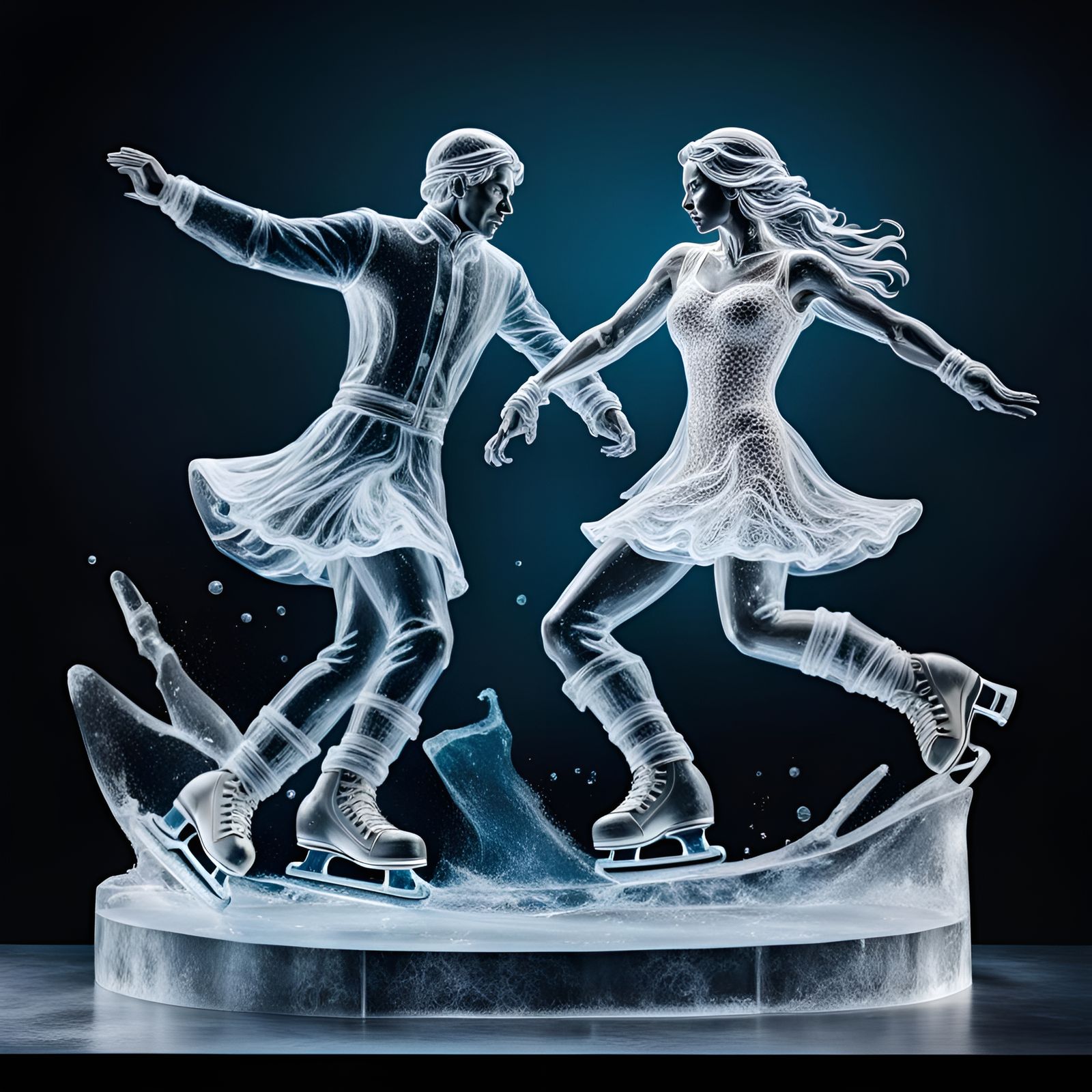 Hyperrealistic Ice Sculpture of Ice Skating Couple