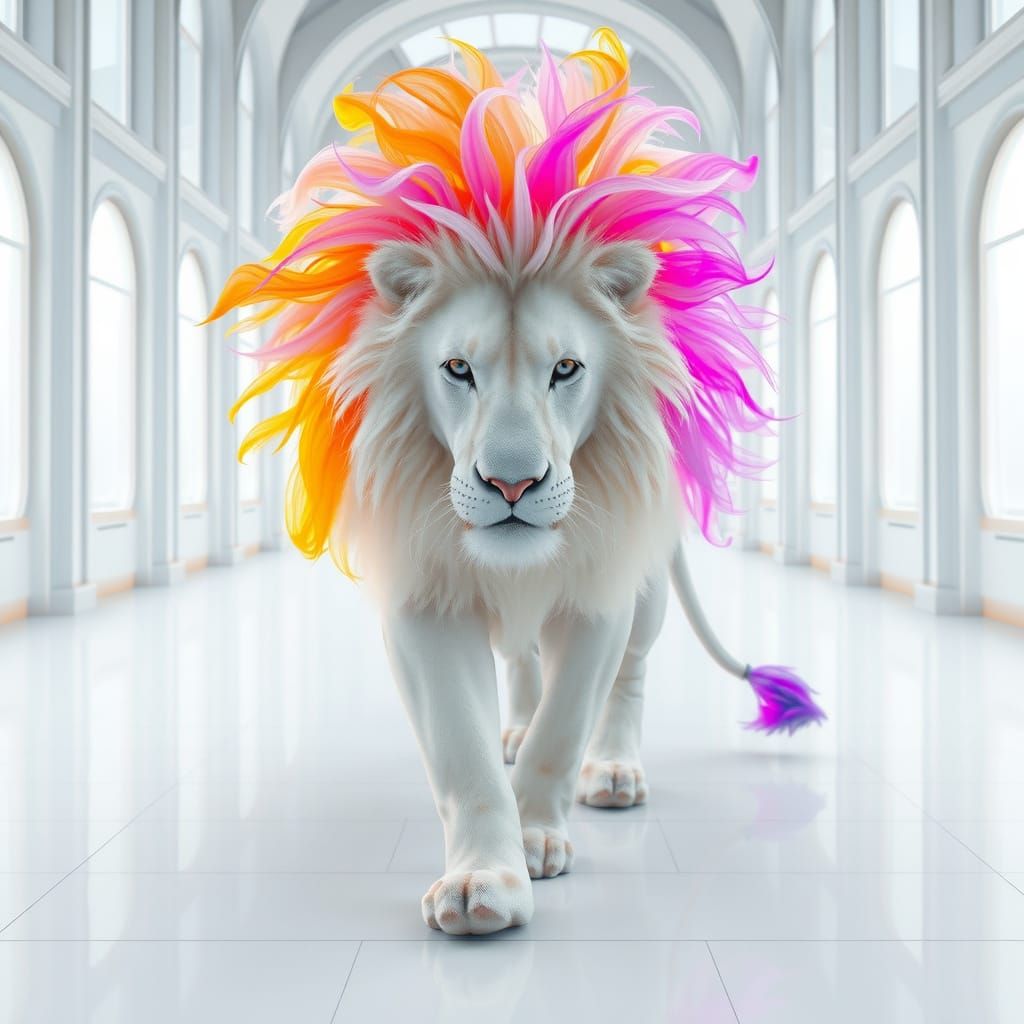 Albino Lion in Cathedral Hall with Rainbow Mane