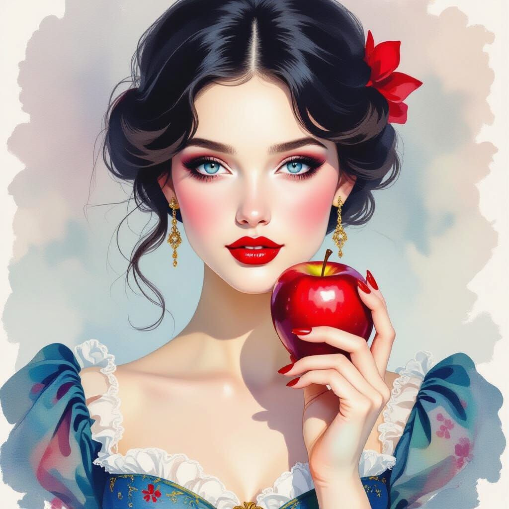 Vibrant Watercolor Portrait of Woman with Red Apple