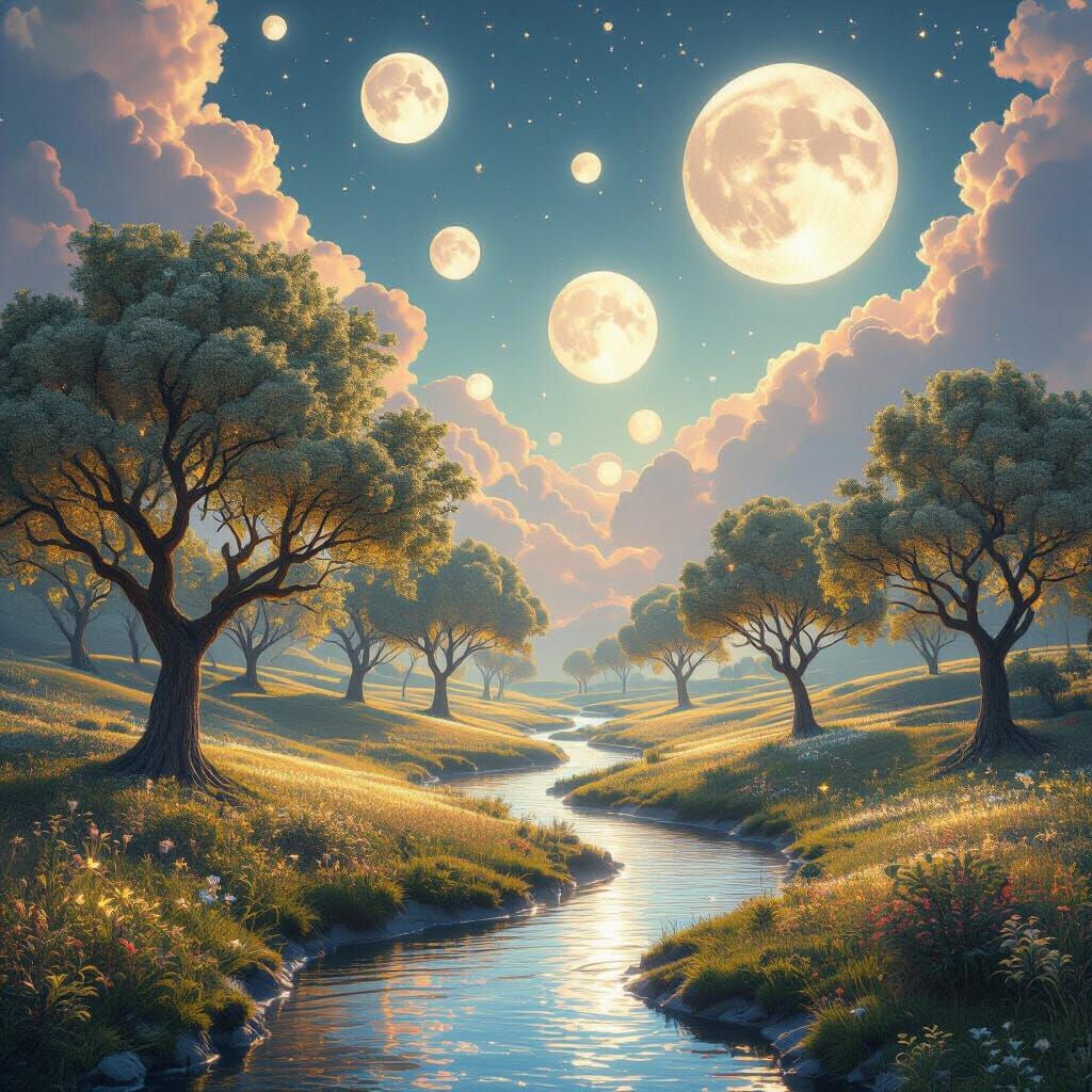 Surreal Garden Floating in Sky of Glowing Moons