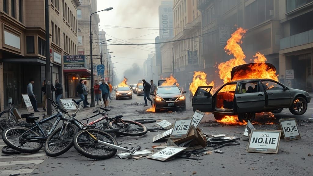 City streets after a riot, destroyed property, smashed bicyc...