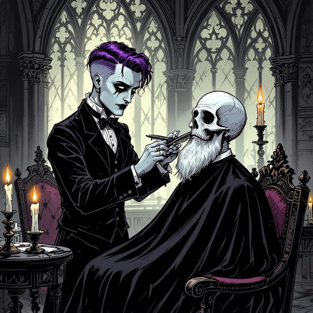 Gothic Barber Trims Ghost in Candlelit Salon
