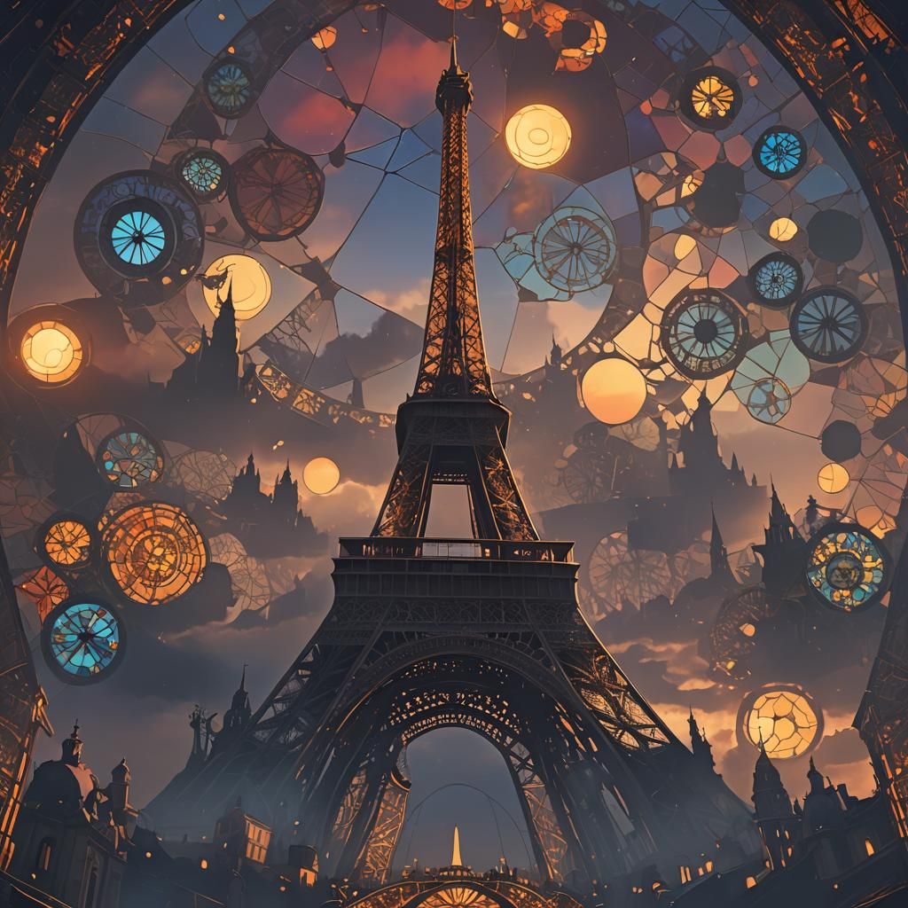 Eiffel Tower Silhouette with Stained Glass Backdrop