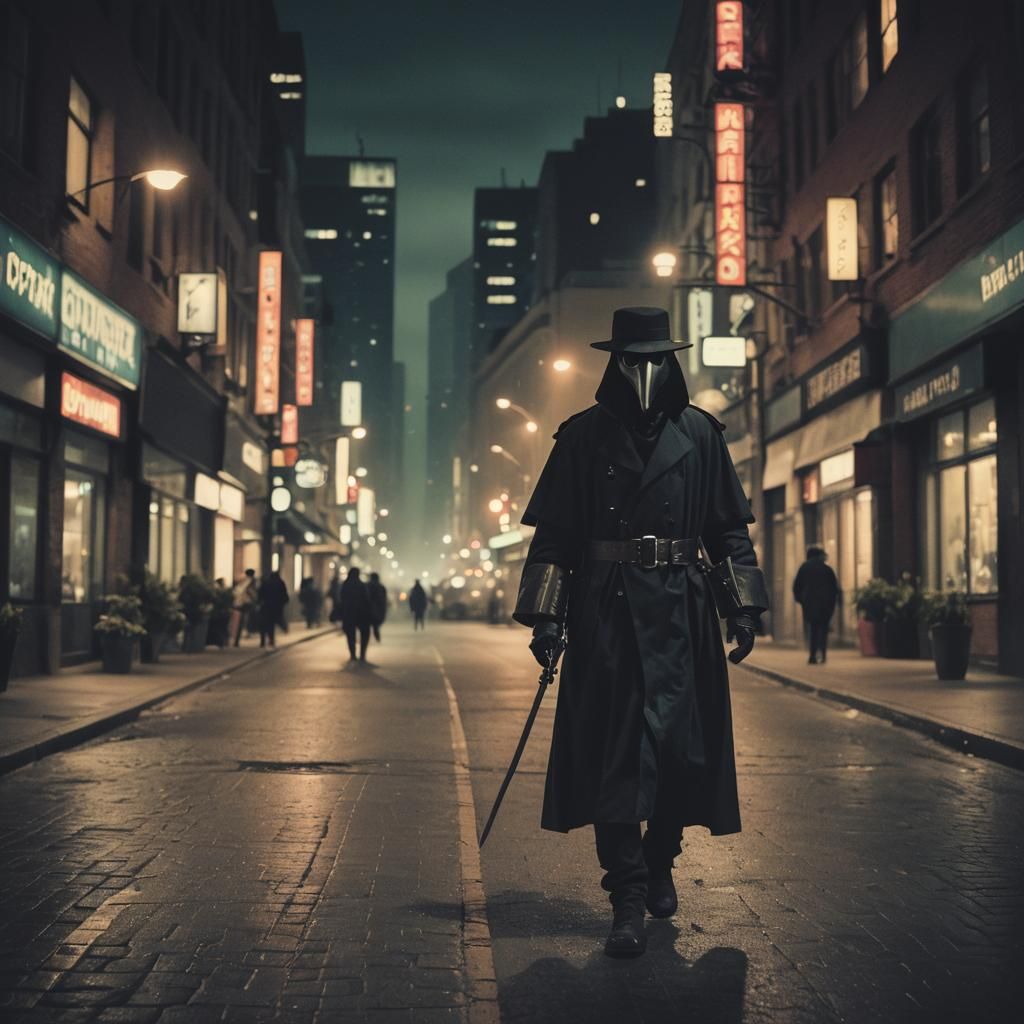 Plague Doctor in Modern City, Cinematic Still