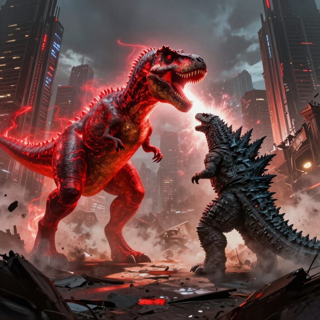 T-Rex vs Godzilla in Futuristic City Ruins