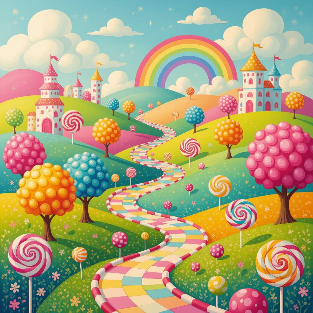 Colorful Candyland Kingdom: Whimsical Surrealist Landscape