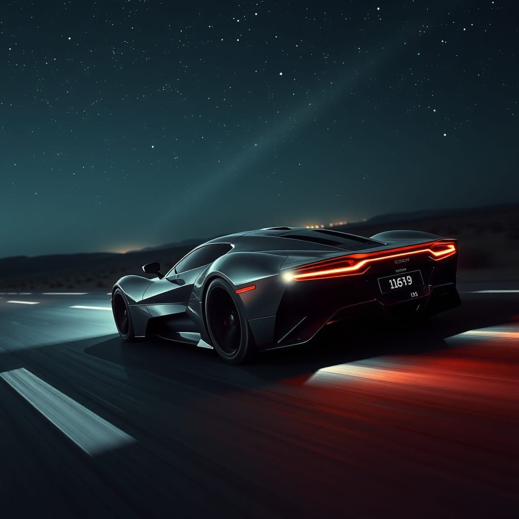 Futuristic Supercar Speeding on Desert Highway at Night
