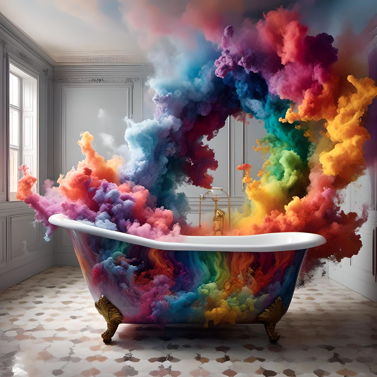 Rainbow Cyclone Over Bathtub in Colored Smoke Style