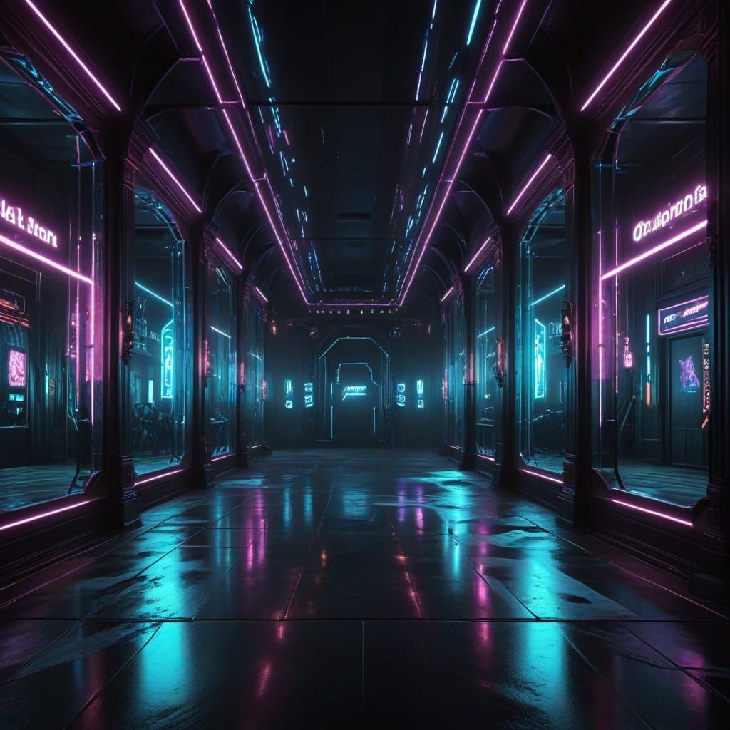 Glowing Windows and Mirrors in Neon Lit Halls