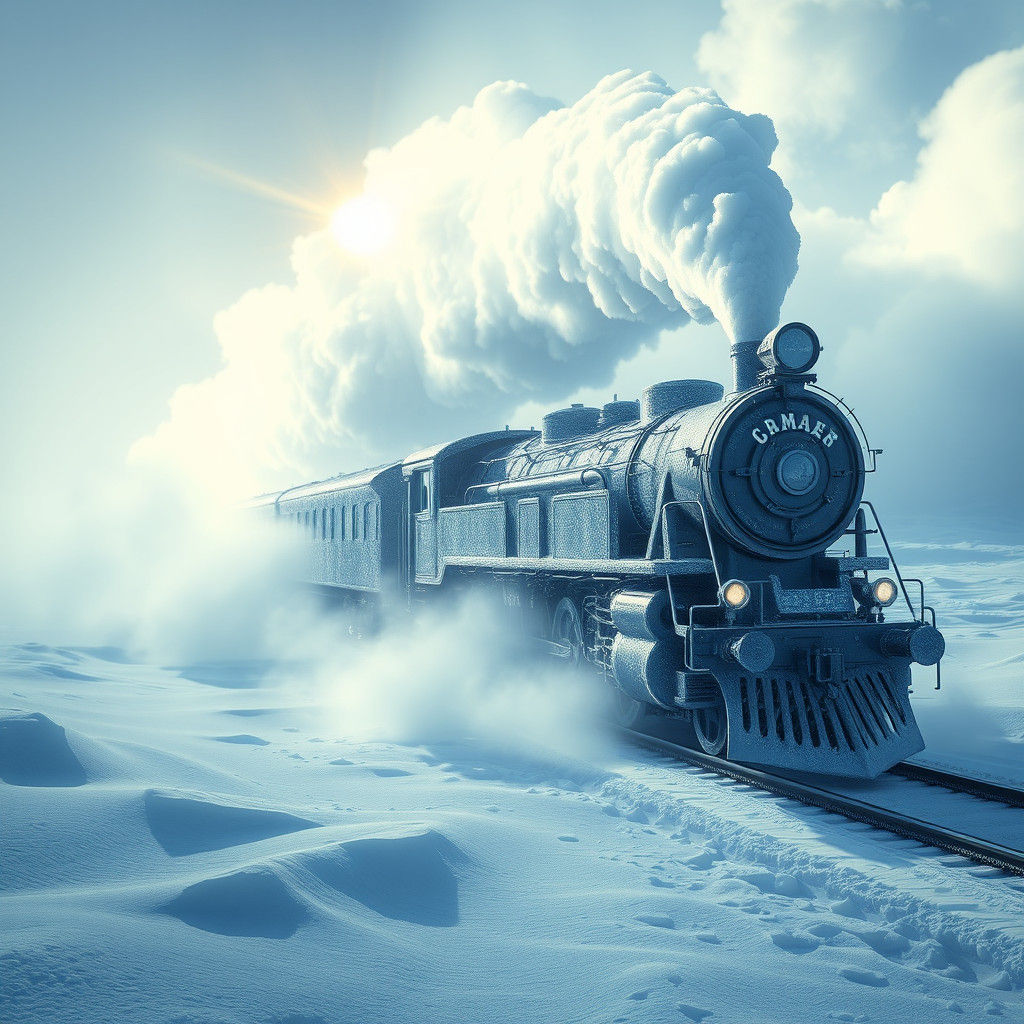 Snow Train in Cloudy Vortex, 3D Cinematic Style