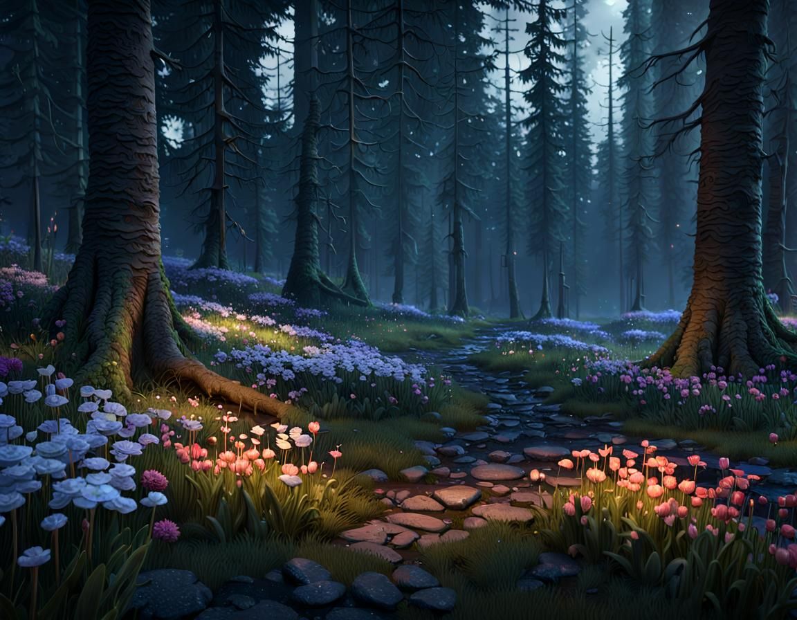 Dark Scandinavian Forest Scene in Hyperdetailed Style