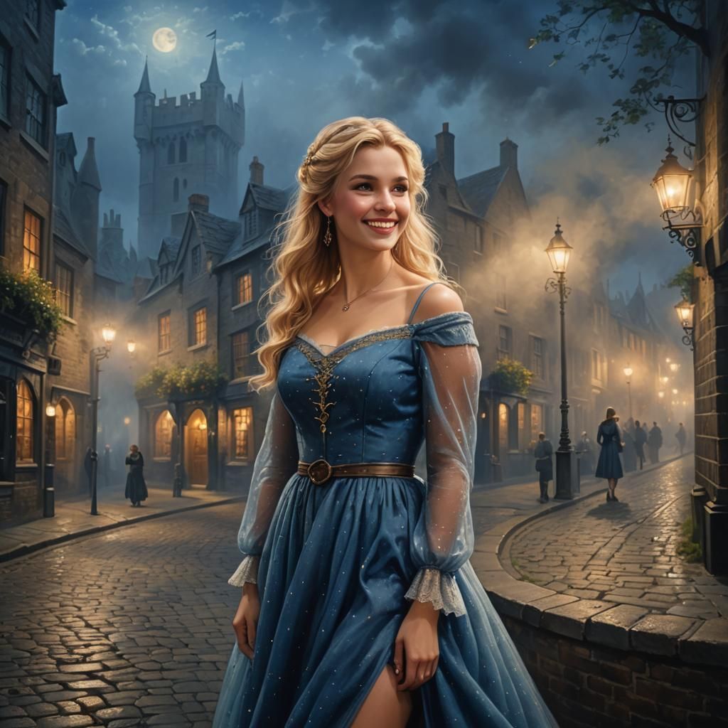 Medieval London Scene: Blond Woman in Ethereal Fog, as Kinka...