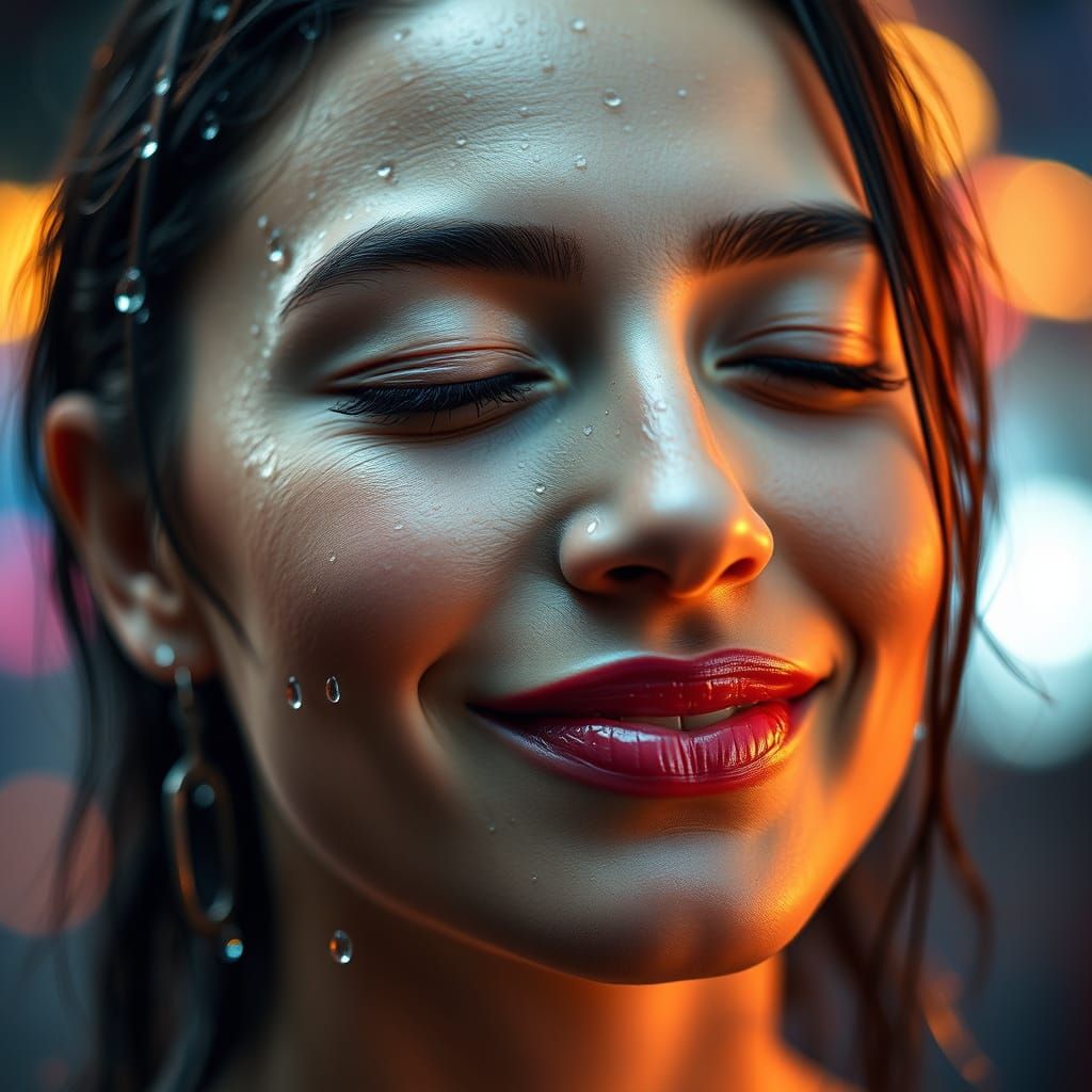 Serene Woman Enjoys Raindrops in Hyper-Realistic Close-Up
