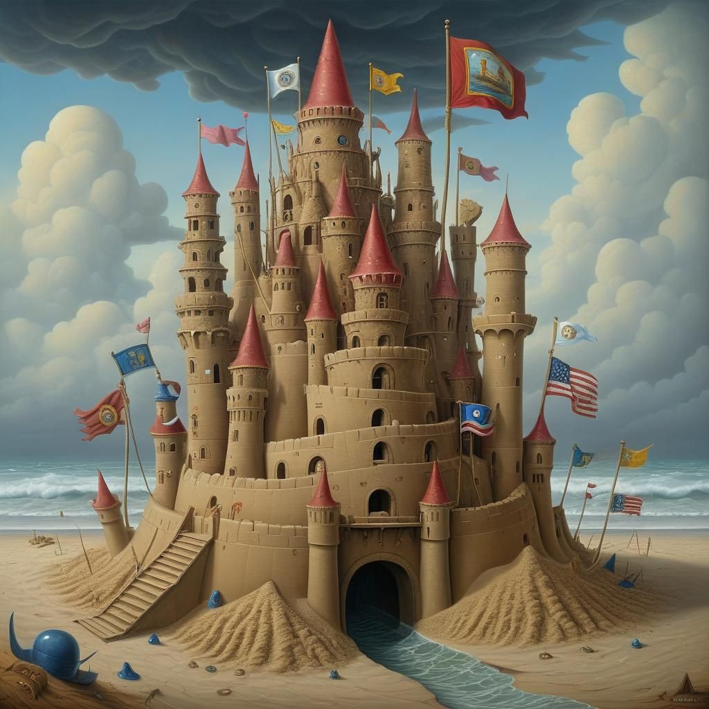 Surreal Sandcastle Kingdom on Stormy Beach