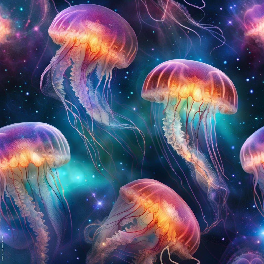 Photorealistic Jellyfish in Sparkling Nebula, Eerie Glow