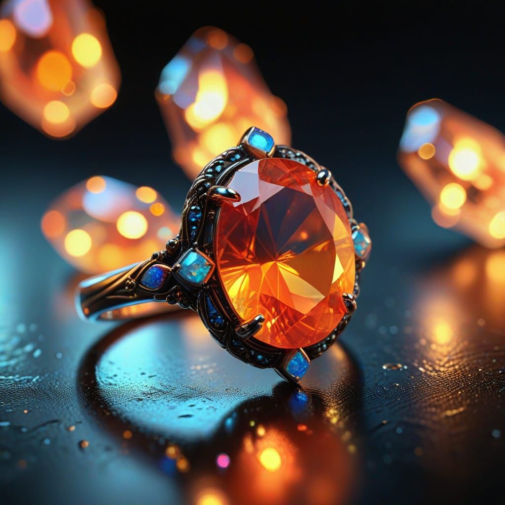 Macro Fire Opal Ring with Iridescent Details