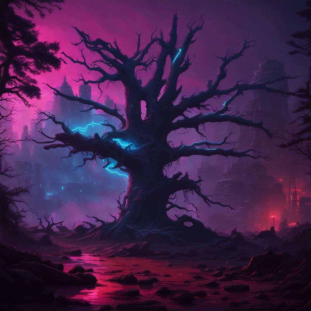 Neon Glow on Dead Tree in Cyberpunk Forest