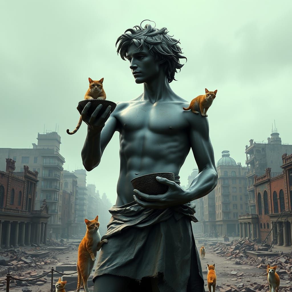 War-Torn Cityscape with Majestic Statue and Curious Cats