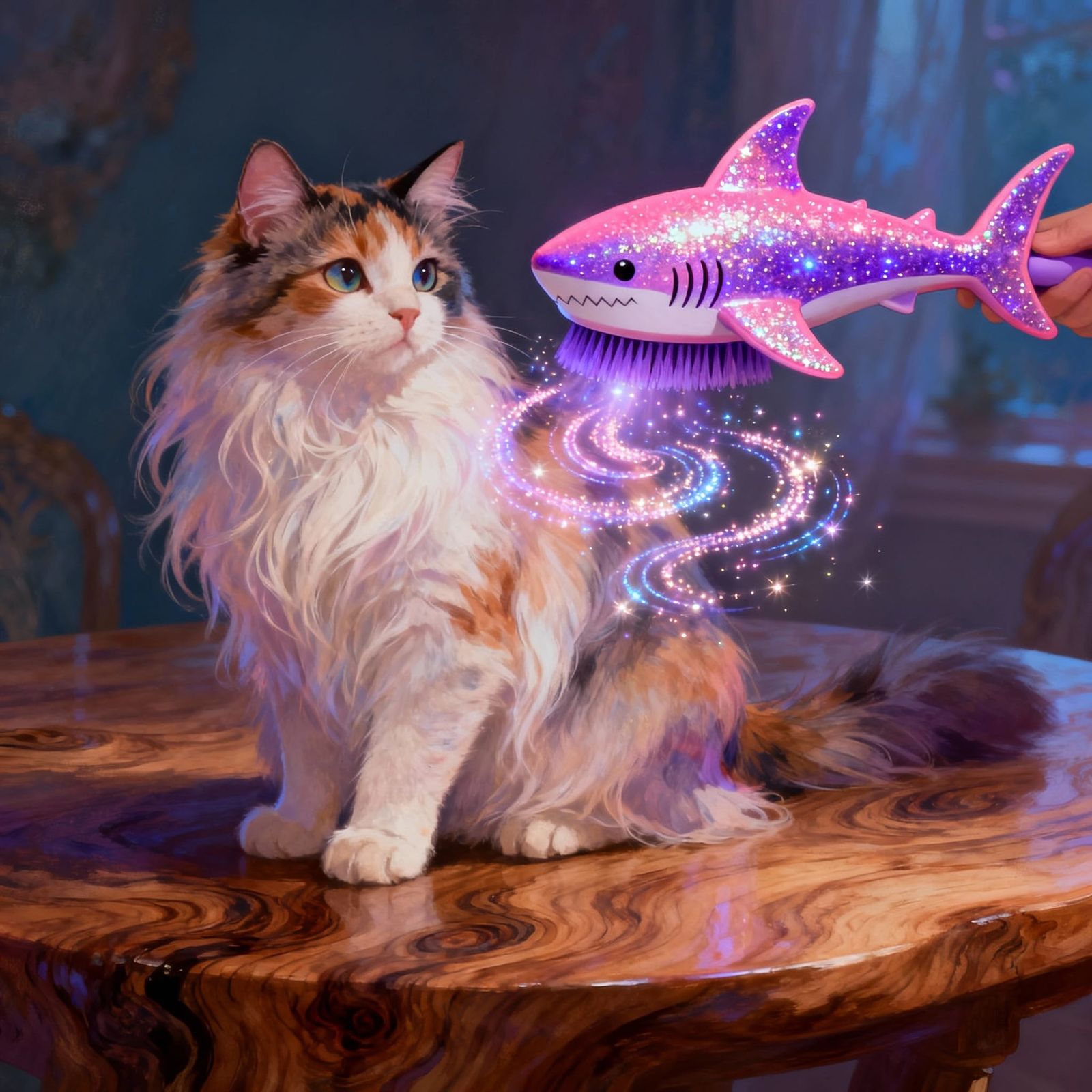 Magical Grooming: Shark Brush and Calico Cat