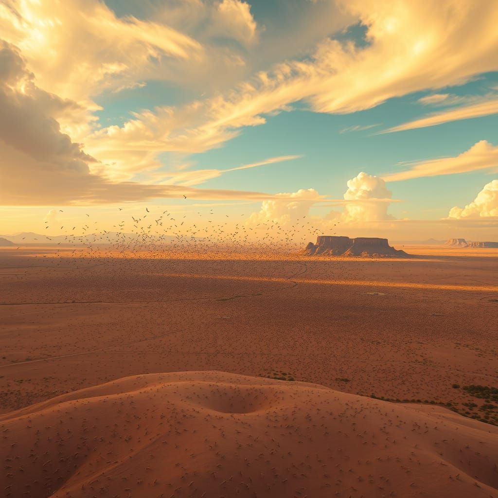Locust Swarm Over Desert Landscape in Golden Light