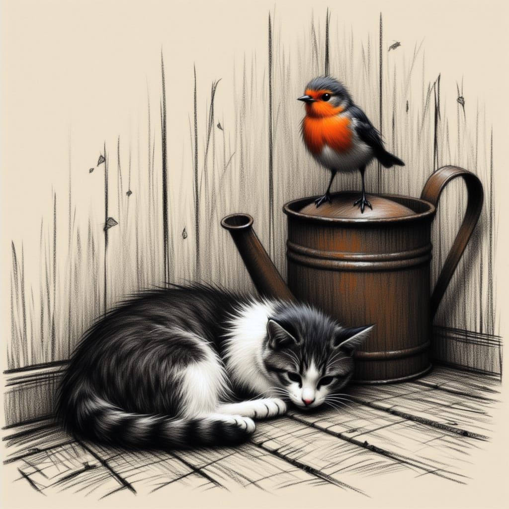 Sleeping Cat and Robin in Charcoal Sketch Style
