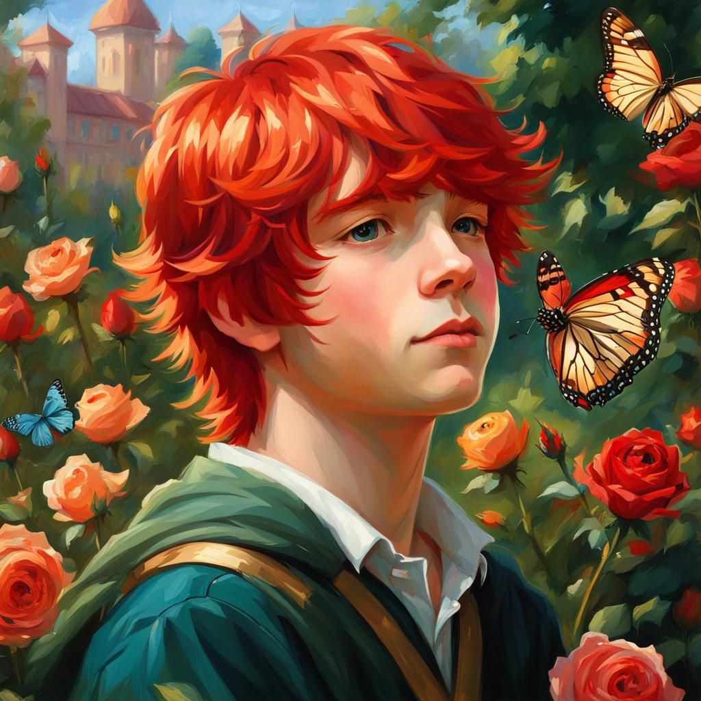 Red-Haired Boy with Butterfly in Rose Garden