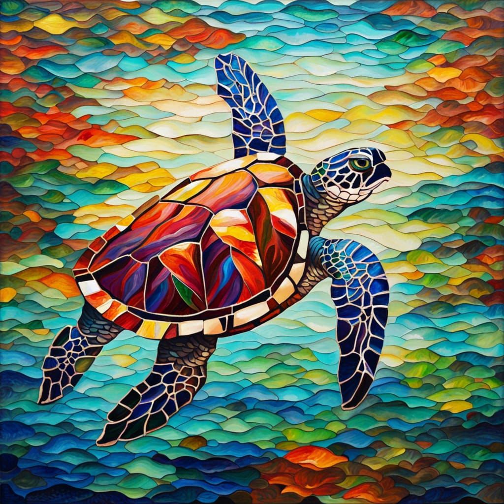 Mosaic Sea Turtle in Stained Glass Style