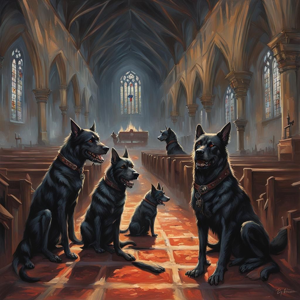 Sinister Hellhounds in Gothic Church Interior