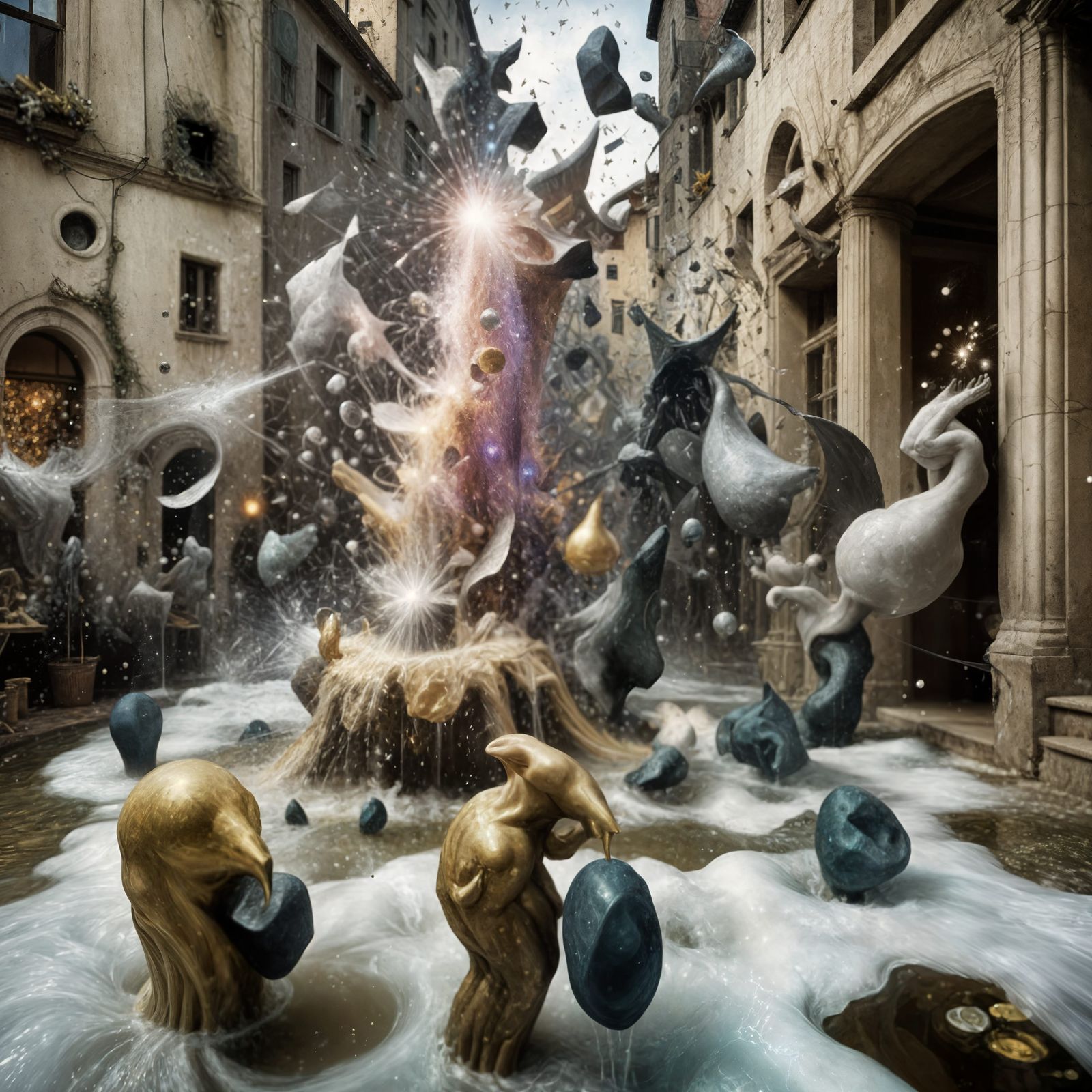 Sculptures from around the neighborhood 'assembled' themselves and are now, spouting-off