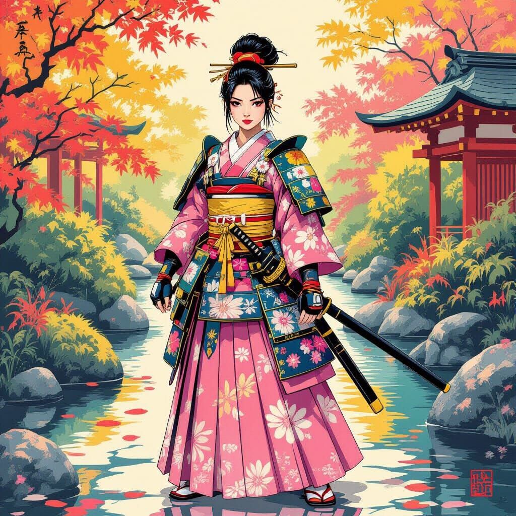 Young Samurai in Japanese Garden, Murakami and Frazetta Insp...