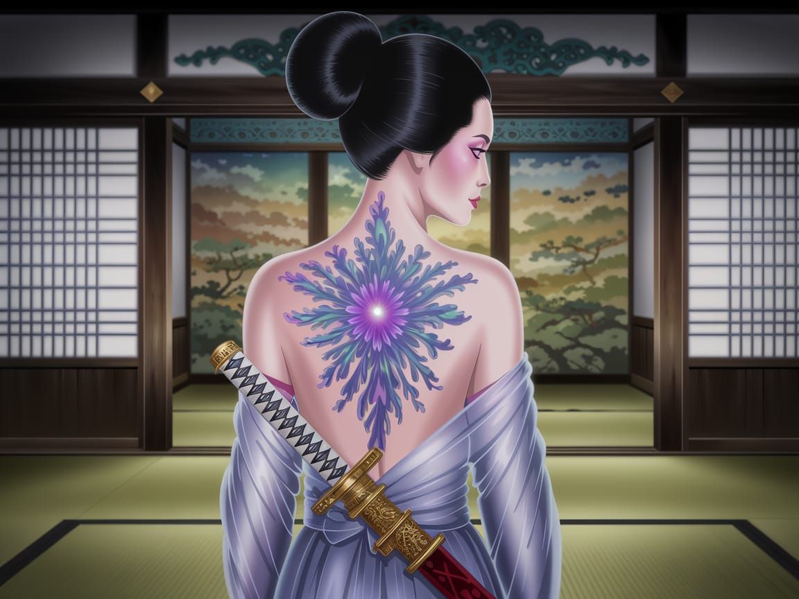 Samurai Goddess with Intricate Tattoos in a Japanese Dojo