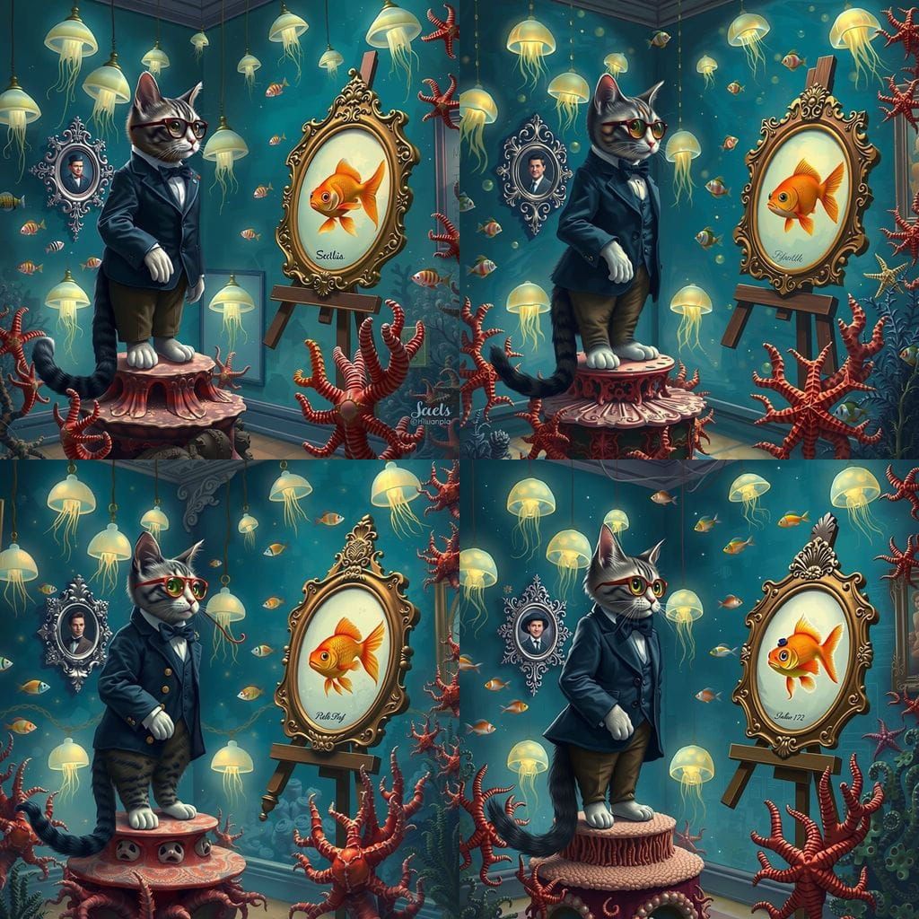 Feline Artist Captivates Underwater Gallery with Whimsical P...