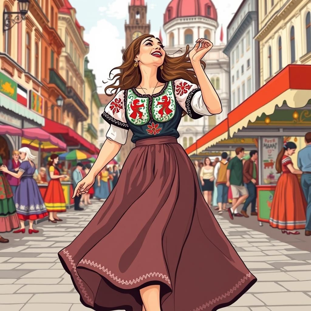 Hungarian Folk Dance in Budapest: Vintage Illustration