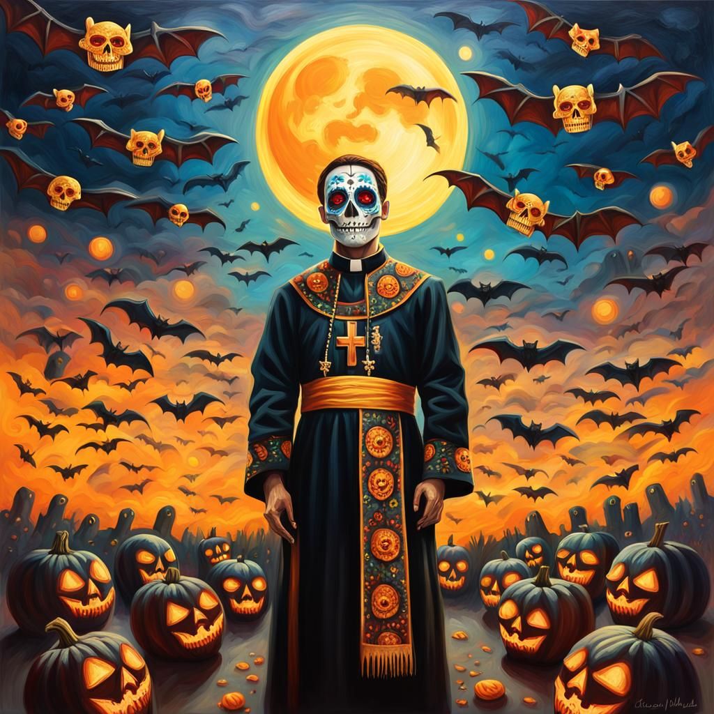 Day of the Dead Priest Amidst Bats, Oil Painting