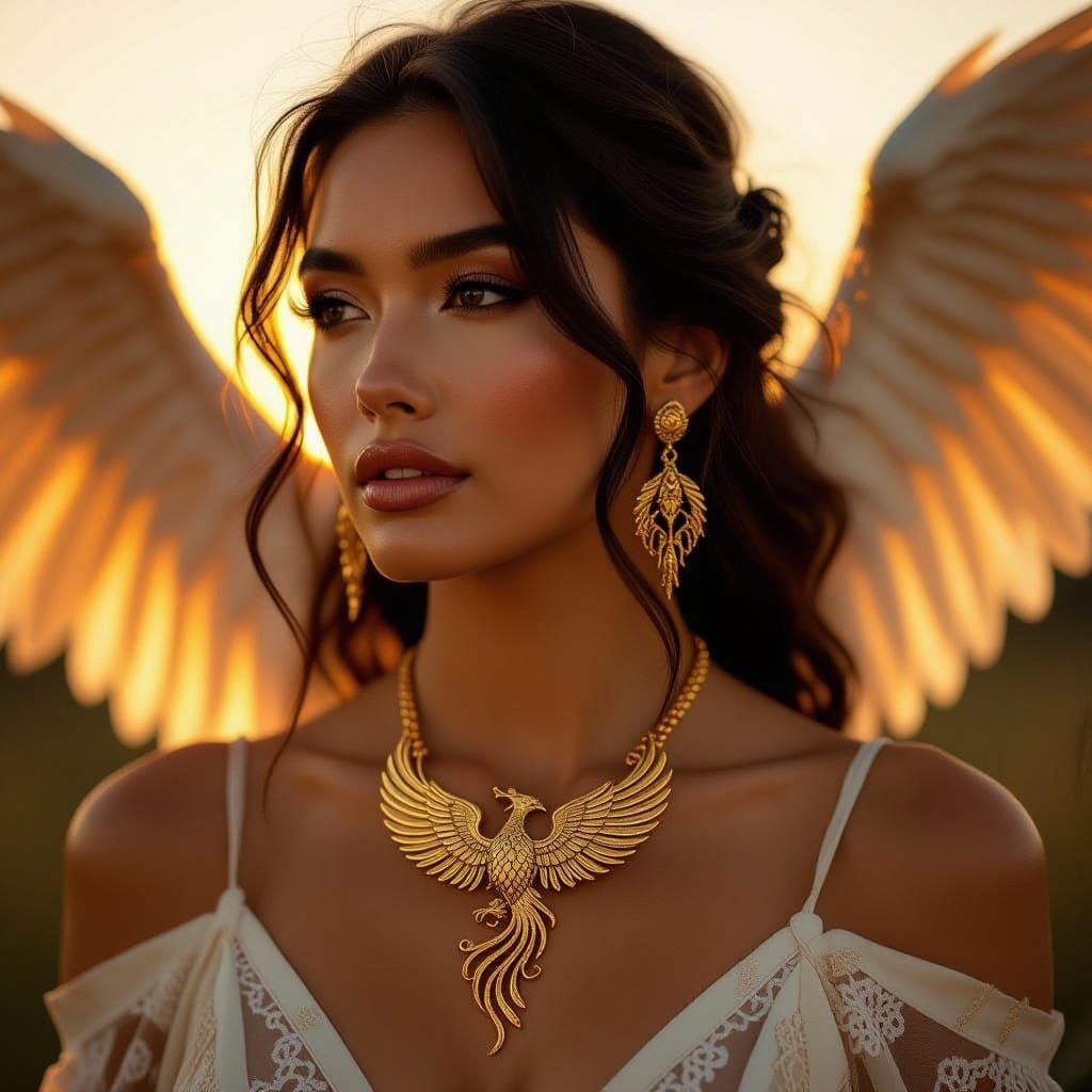 Ethereal Goddess with Phoenix Amulet in Golden Sunset
