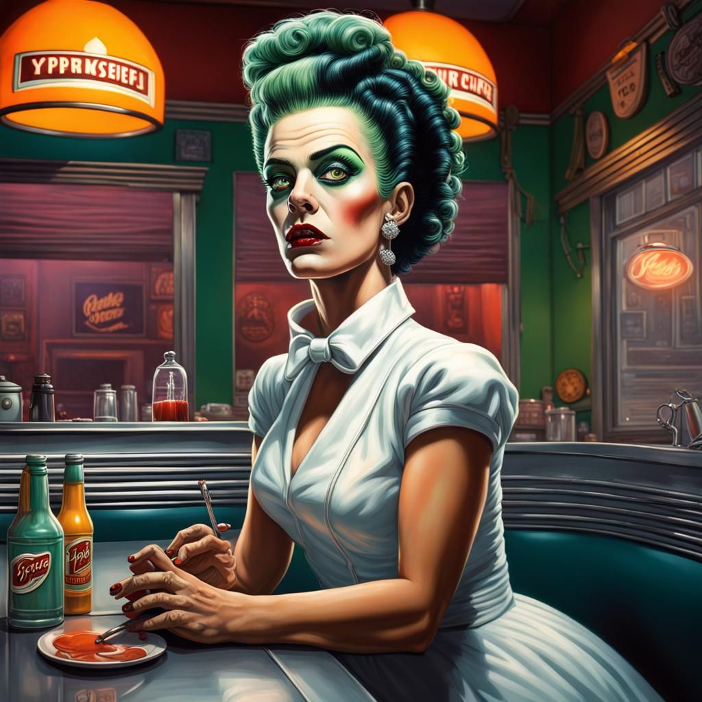 Bride of Frankenstein Pinup in 1950s Diner
