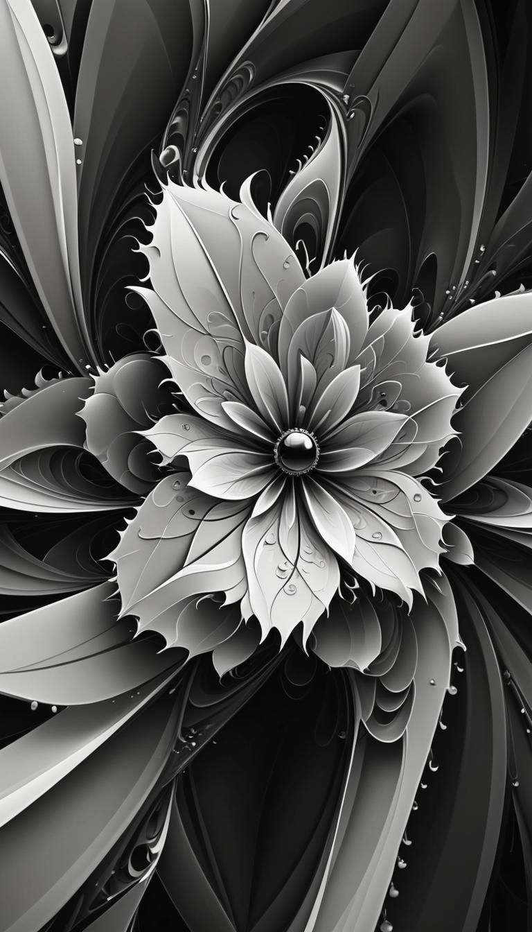 Symmetrical Black and White Fractal Flower Pattern