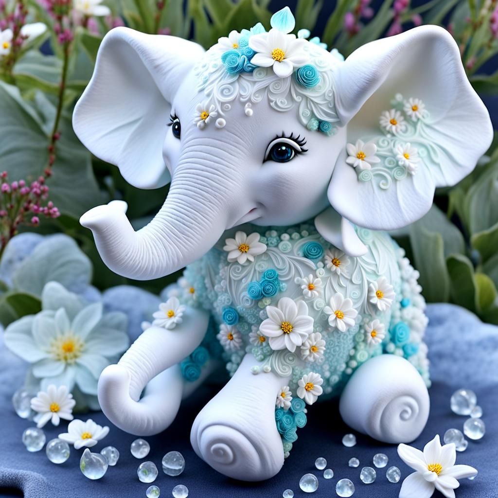 Dewdrop Covered Elephant Sculpture with Flowers