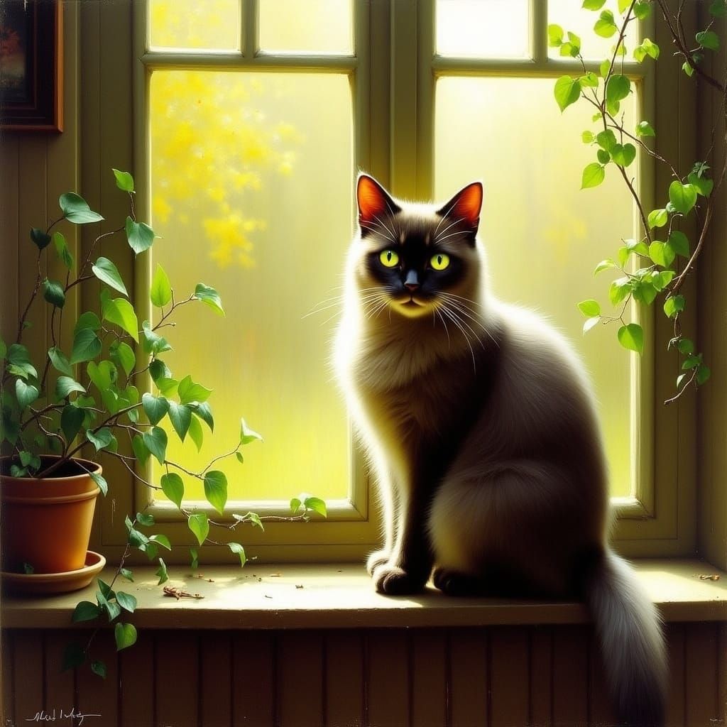Cat in Sunlit Window, Impressionist Style
