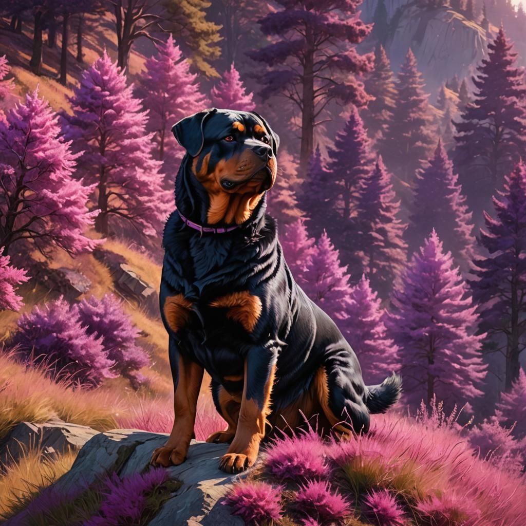 Pink Rottweiler in a Purple Fantasy Landscape