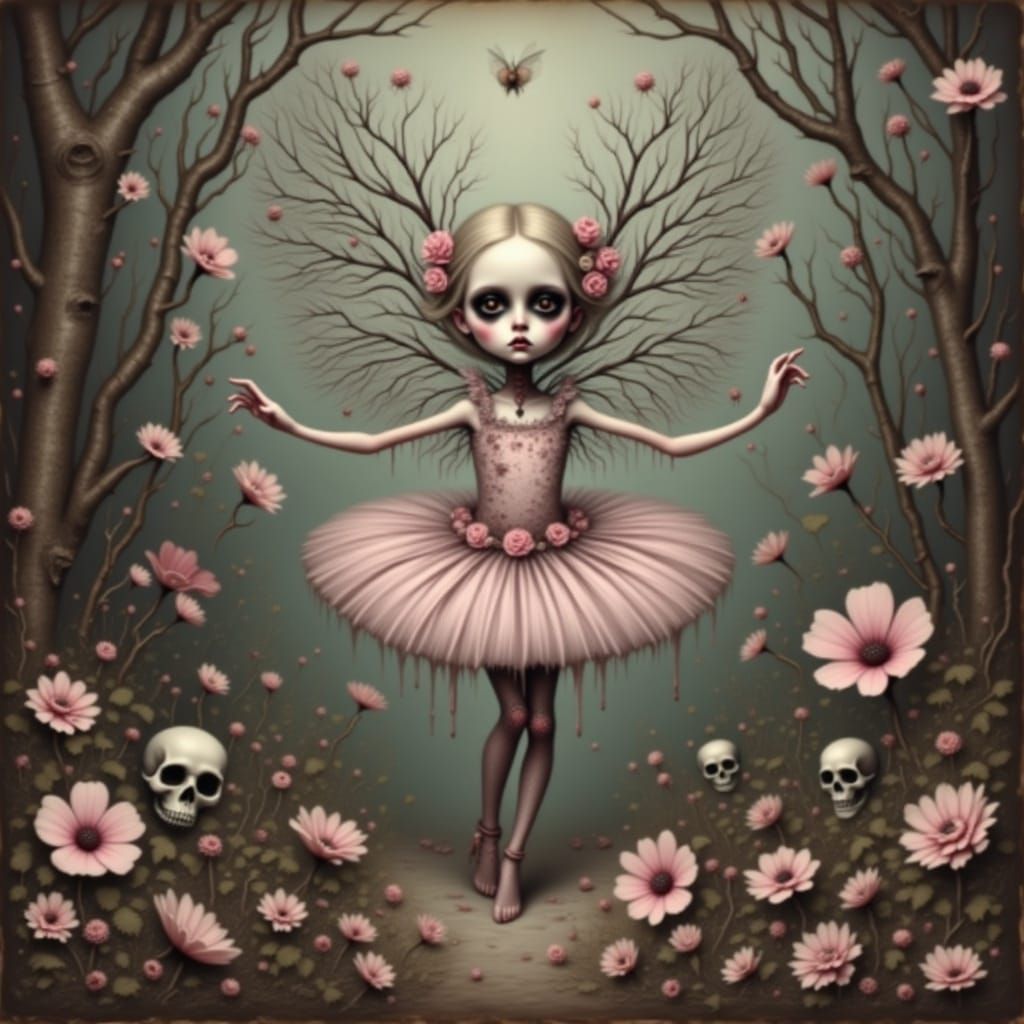 Creepy Zombie Ballerina Dances in Flowering Forest