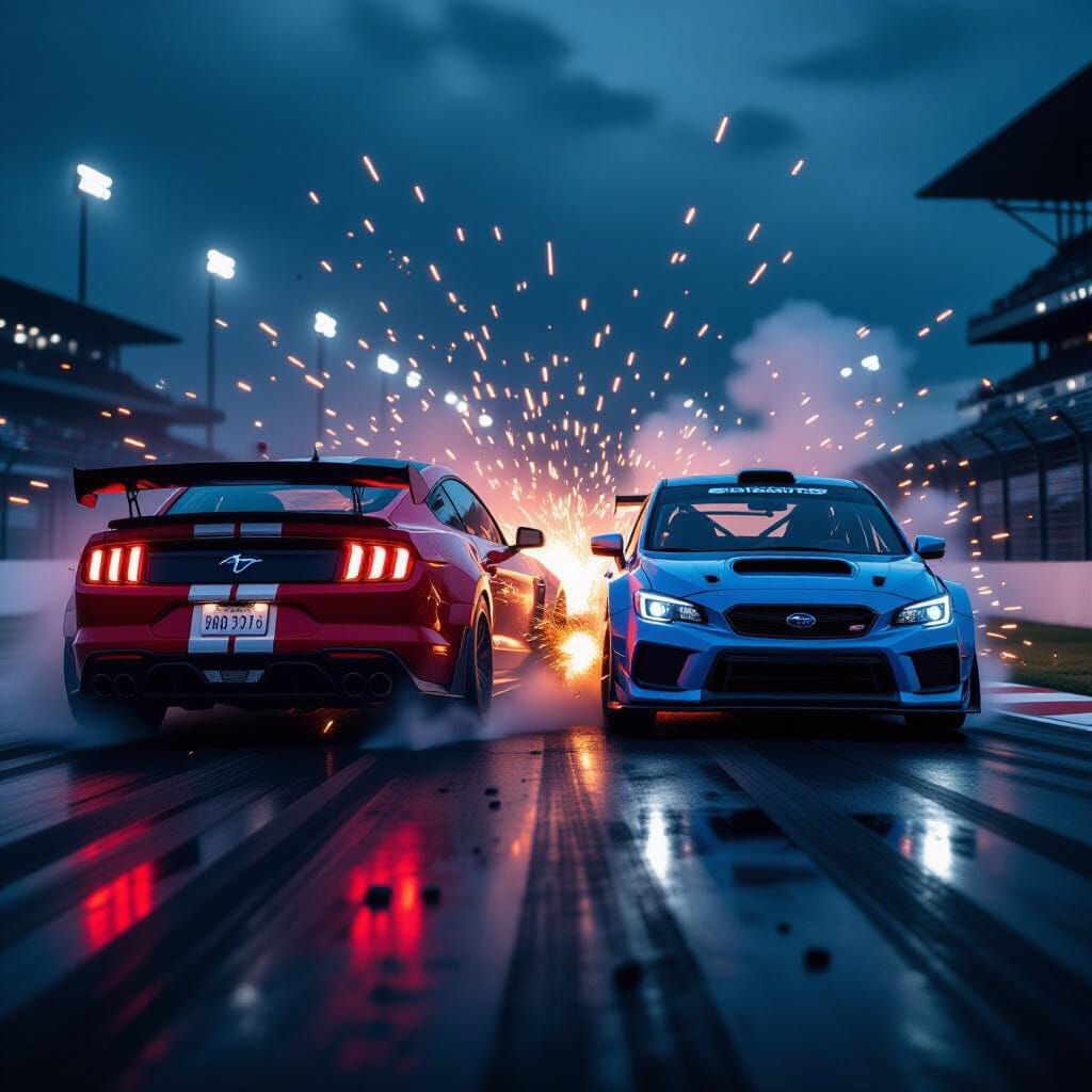 Night Race Collision: Mustang vs. Subaru, Neon Style
