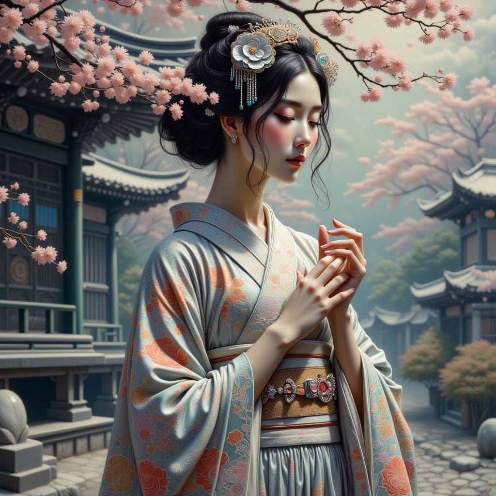 Elegant Asian Woman in Kimono with Cherry Blossoms