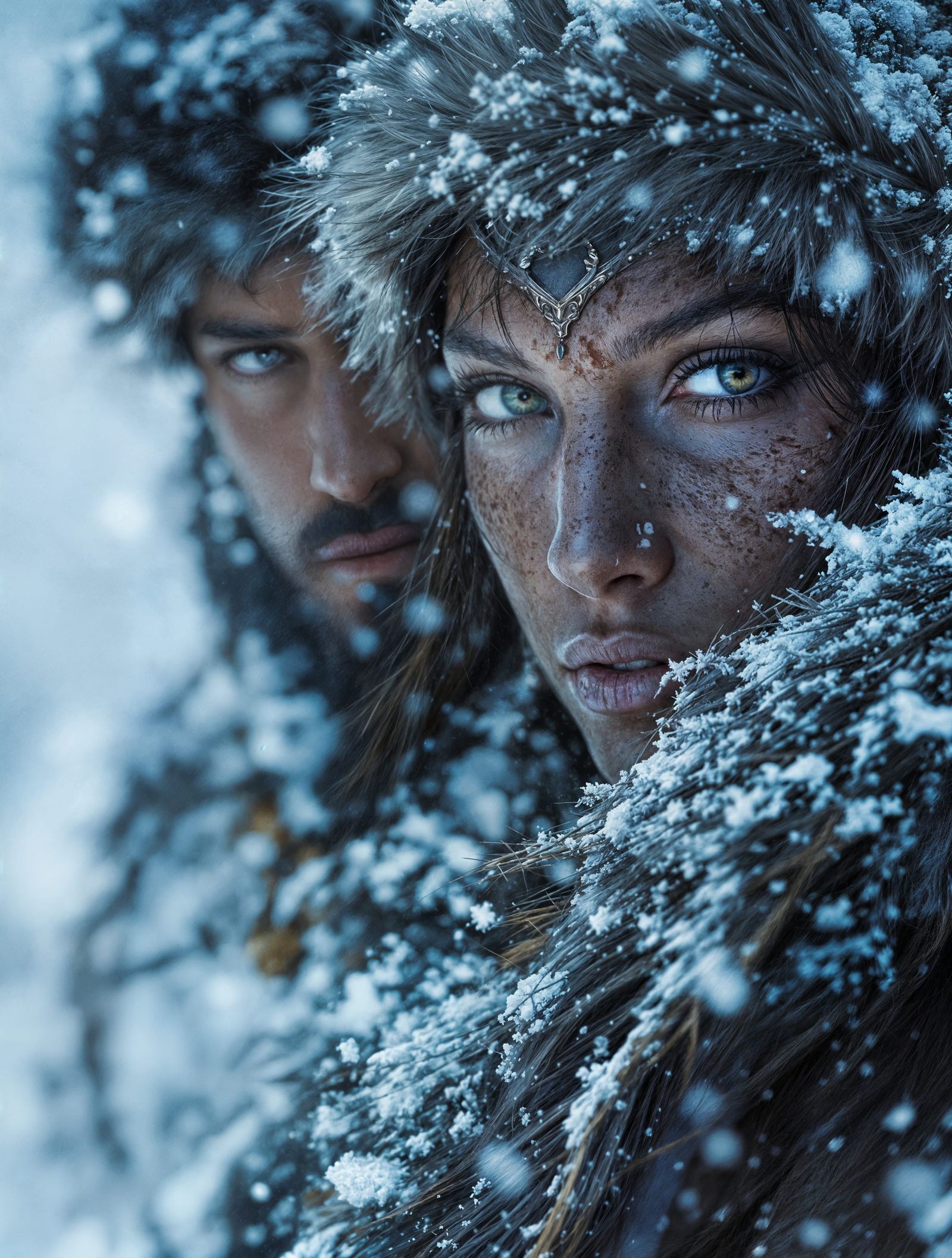 Warriors in Snowy Battle Scene, Close-Up Portrait