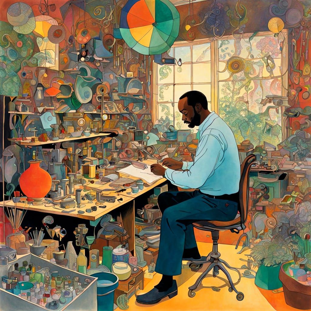 Tinkering Inventor in Vibrant Workshop