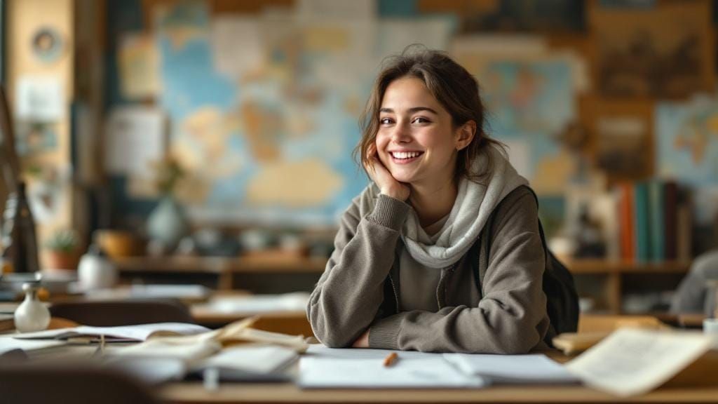 Grateful Student in Impressionist Classroom