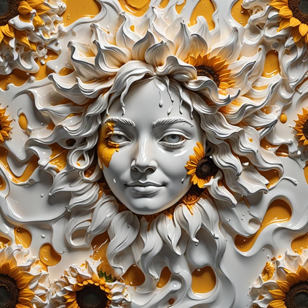 Sunflower Face in Whipped Cream: Hyperrealistic Splash Art